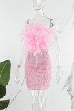 Sexy Party Elegant Formal Patchwork See-through Feathers Hot Drill Strapless Evening Dress Dresses