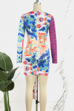 Casual Print Hollowed Out Patchwork O Neck Long Sleeve Dresses