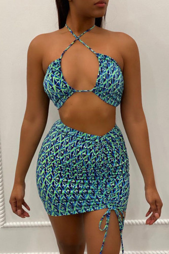 Sexy Print Bandage Patchwork Halter Sleeveless Two Pieces