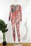 Casual Print See-through O Neck Skinny Jumpsuits