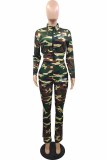 Street Camouflage Print Letter Zipper Collar Long Sleeve Two Pieces