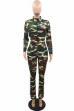 Casual Camouflage Print Letter Zipper Collar Long Sleeve Two Pieces