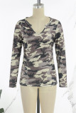 Casual Camouflage Print Basic V Neck Tops