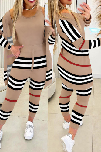 Casual Street Striped Print Patchwork O Neck Long Sleeve Three Pieces