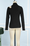 Casual Solid Hollowed Out Patchwork Turtleneck Tops