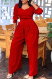Casual Solid Patchwork V Neck Plus Size Jumpsuits