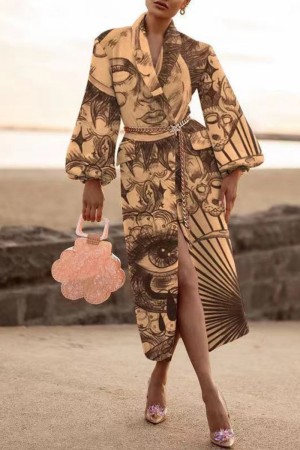 Casual Print Patchwork Outerwear (Without Waist Chain)