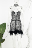 Sexy Hot Drilling Patchwork See-through Feathers Beading Mesh Halter Skinny Rompers