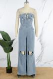 Casual Solid Backless Strapless Sleeveless High Waist Skinny Denim Jumpsuits