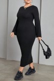 Casual Solid Backless O Neck Long Sleeve Plus Size Dresses