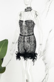 Sexy Hot Drilling Patchwork See-through Feathers Beading Mesh Halter Skinny Rompers
