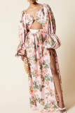 Sweet Print Patchwork Backless High Opening V Neck Long Sleeve Two Pieces