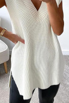 Elegant Solid Patchwork Slit V Neck Tops