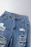 Street Solid Ripped Patchwork Pocket Buttons Zipper Mid Waist Straight Denim Jeans