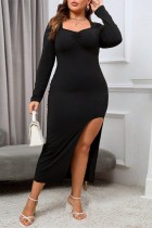Casual Solid Slit Square Collar Long Sleeve Plus Size Dresses