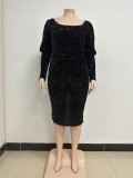 Casual Solid Sequins Patchwork U Neck Long Sleeve Plus Size Dresses