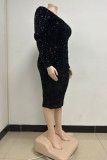 Casual Solid Sequins Patchwork U Neck Long Sleeve Plus Size Dresses
