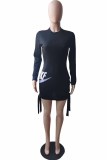 Casual Letter Embroidered O Neck One Step Skirt Dresses