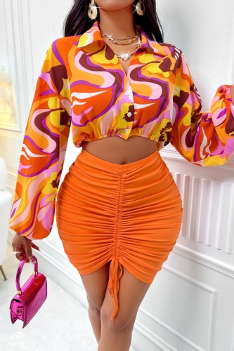 Casual Print Fold Turndown Collar Long Sleeve Two Pieces
