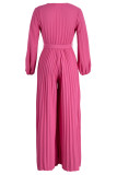 Casual Solid Frenulum Pleated V Neck Plus Size Jumpsuits