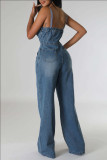 Sexy Casual Solid Backless Spaghetti Strap Sleeveless Regular Denim Jumpsuits