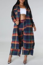 Casual Plaid Print Cardigan Turndown Collar Long Sleeve Two Pieces (Subject To The Actual Object)