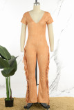 Street Solid Tassel Patchwork U Neck Regular Jumpsuits
