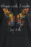 Street Daily Butterfly Print Draw String Hooded Collar Tops