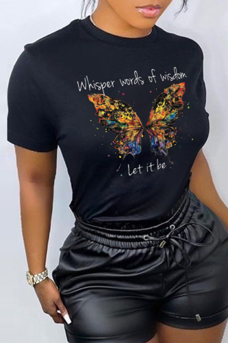 Casual Street Butterfly Print Patchwork Letter O Neck T-Shirts