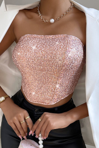 Sexy Solid Sequins Patchwork Zipper Strapless Tops