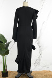 Elegant Solid Patchwork Stringy Selvedge Asymmetrical Collar Long Dress Dresses