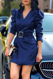 Casual Solid With Belt V Neck Long Sleeve Dresses