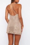 Sexy Casual Solid Sequins Draw String Backless Spaghetti Strap Sleeveless Dress