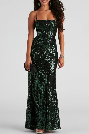 Sexy Formal Patchwork Sequins Backless Spaghetti Strap Long Dress Dresses