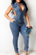 Elegant Solid Patchwork Pocket Buckle Zipper Turndown Collar Sleeveless Regular Denim Jumpsuits