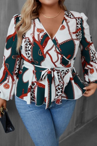 Casual Print Patchwork V Neck Plus Size Tops