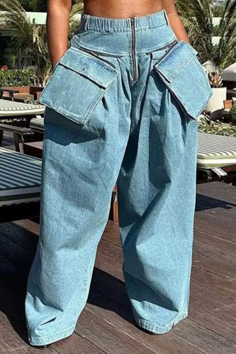 Elegant Solid Pocket Zipper Mid Waist Loose Denim Jeans