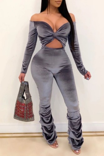 Sexy Casual Solid Hollowed Out Backless Fold Off the Shoulder Skinny Jumpsuits