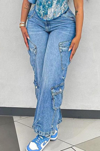 Street Solid Patchwork Pocket Buttons Zipper High Waist Straight Denim Jeans