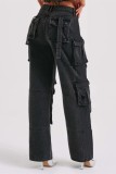 Casual Solid Patchwork Pocket Low Waist Regular Denim Jeans