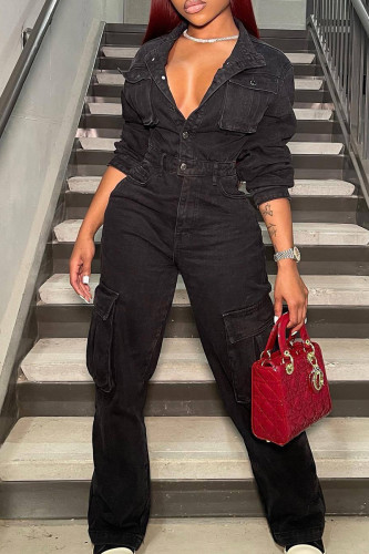 Street Solid Patchwork Pocket Buckle Turndown Collar Regular Jumpsuits
