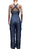 Street Solid Patchwork Pocket Buttons Halter Straight Jumpsuits