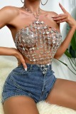 Sexy Patchwork Hollowed Out See-through Backless Halter Tops