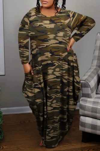 Casual Camouflage Print Basic O Neck Long Sleeve Plus Size Dresses (Subject To The Actual Object )