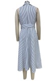Casual Striped Print With Belt Turndown Collar Sleeveless Dress Dresses