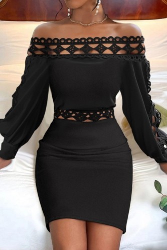 Casual Solid Hollowed Out Off the Shoulder Long Sleeve Dresses