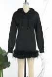 Street Solid Feathers Hooded Collar Straight Dresses