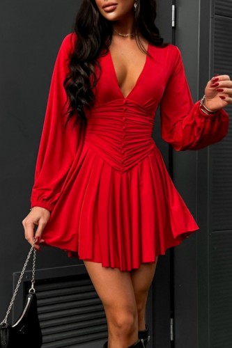 Casual Solid Fold V Neck Long Sleeve Dresses