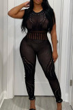 Sexy Solid Ripped Patchwork See-through O Neck Skinny Jumpsuits