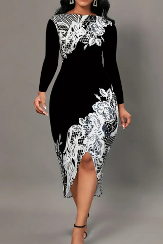 Elegant Print Patchwork Slit O Neck Irregular Dress Dresses